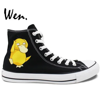 

Wen Men Women's Anime Hand Painted Shoes Design Custom Pokemon Pocket Monster Psyduck Men Women's High Top Black Canvas Sneakers