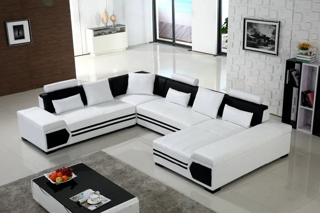 Gran sofá en forma de U de cuero blanco sofá salón sofá y en Sofás de
