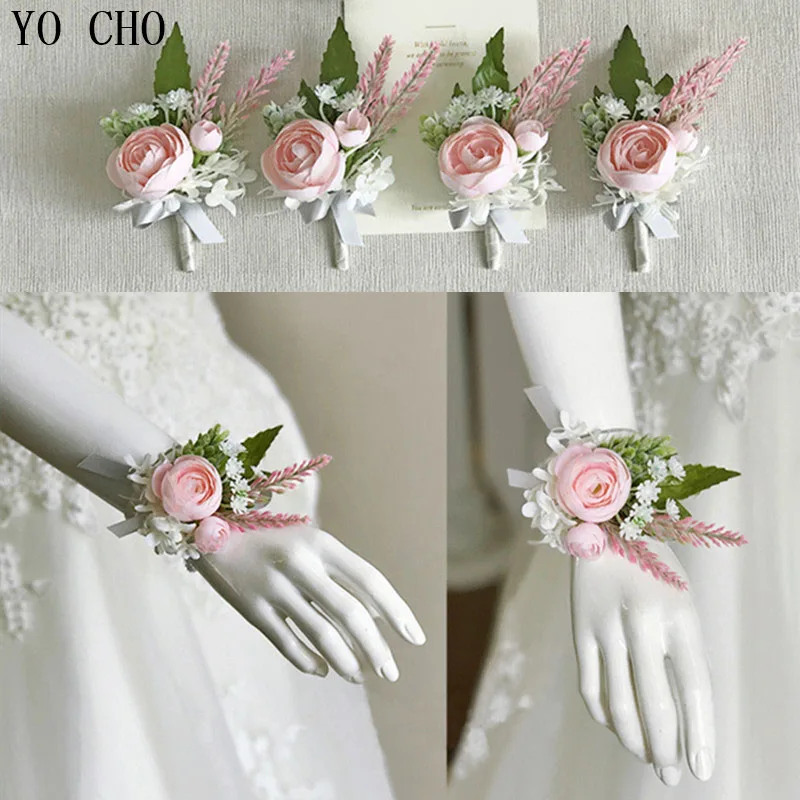 

YO CHO Wedding Accessories Boutonnieres Corsages Pink Rose Cuff Bracelet Flore Bridesmaid Groomsmen Marriage Silk Wrist Corsages