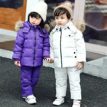 Зимние теплые комплекты одежды для маленьких девочек лыжные костюмы для девочек Детская верхняя одежда пуховое пальто с мехом, куртки+ брюки/комбинезон