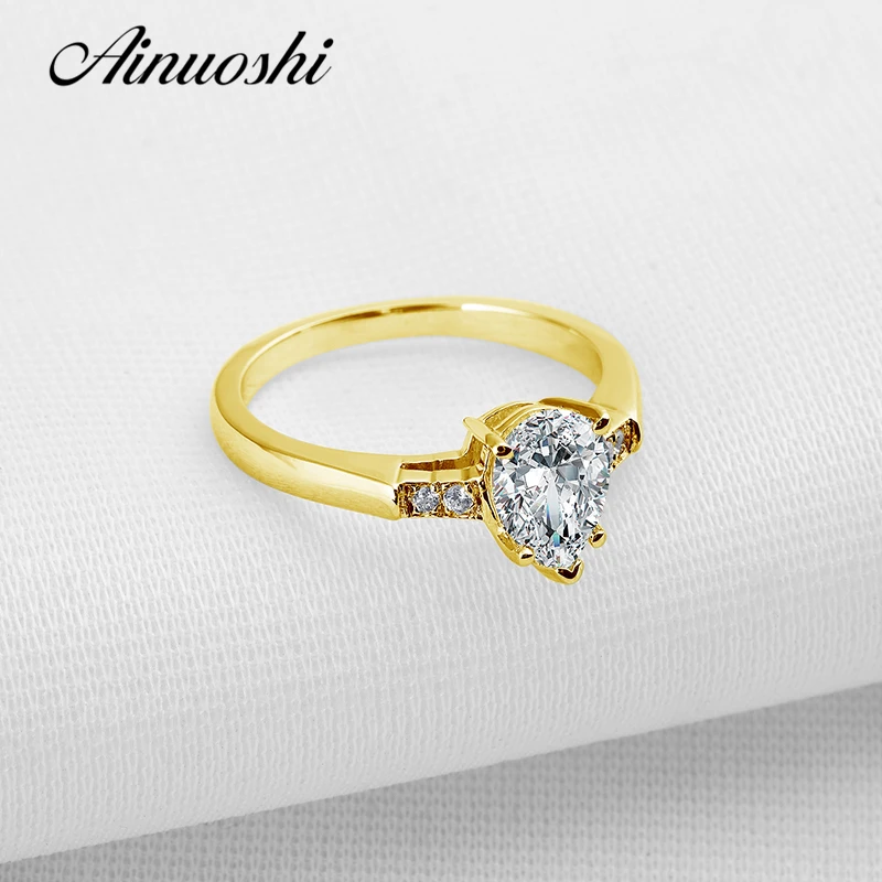 

AINUOSHI 10k Solid Yellow Gold Women Wedding Ring 1.5 CT Pear Cut Sona Simulated Diamond Promise Anelli Elegant Lover Band Rings