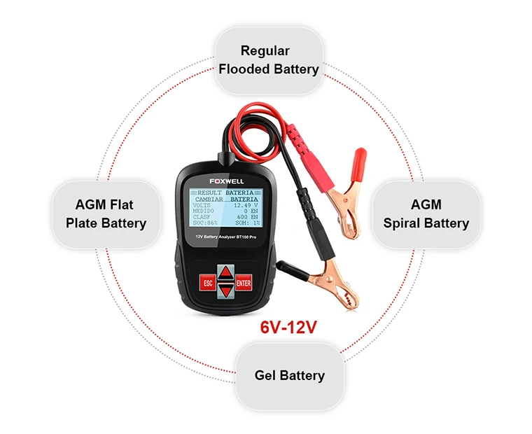 FOXWELL BT100 PRO 6 в 12 В автомобильный аккумулятор тест er для затопленного AGM гель 100 до 1100 CCA 200 AH Тест 6 в 12 Вольт Автомобильный анализатор