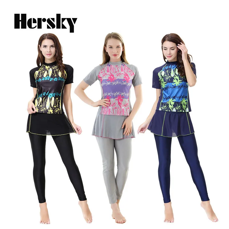 

Islamic Conservative Lady Short Sleeve Swimsuit Muslim Women Elastic Swimwear Casual Girls Printing Beach Bathing Suit Burkinis