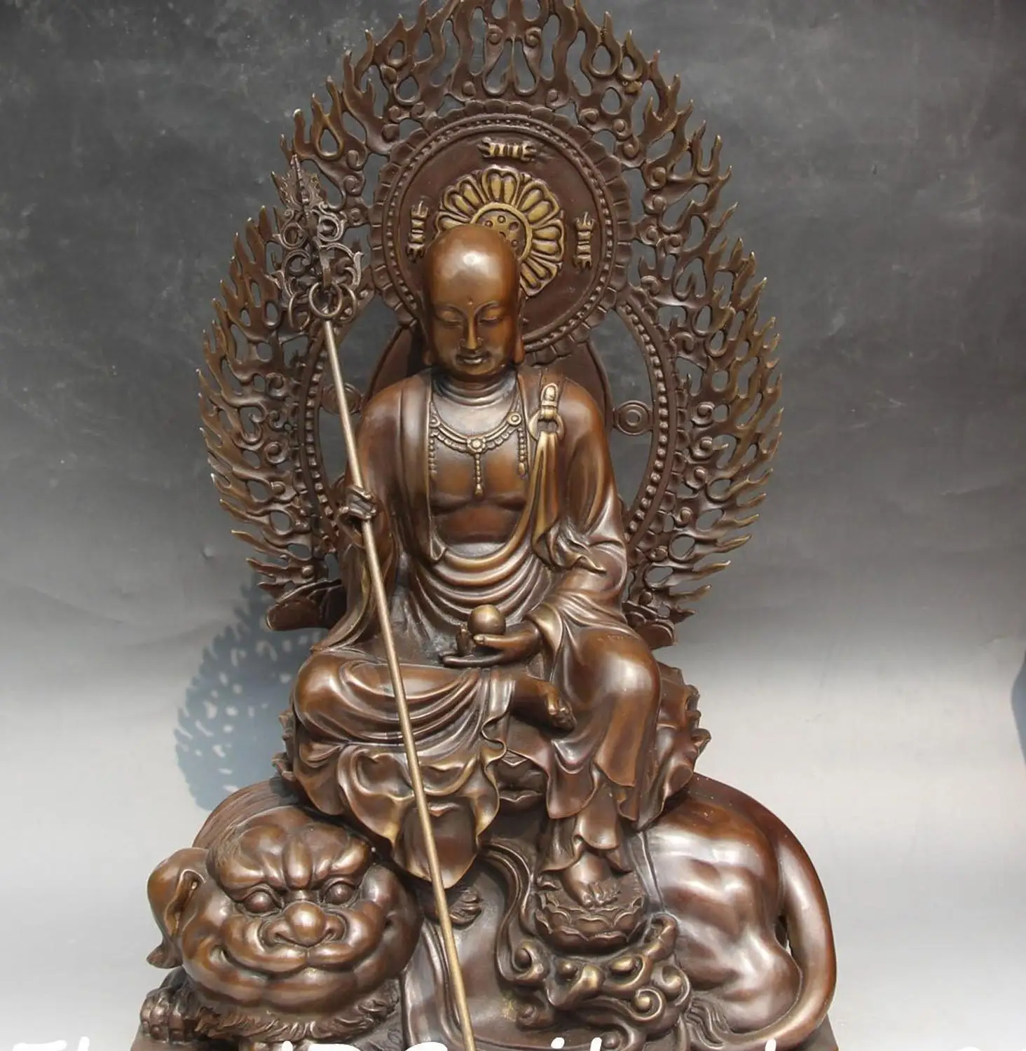 

21" Pure Bronze Tang Seng San Zang Ksitigarbha Boddhisattva Buddha Lion Statue