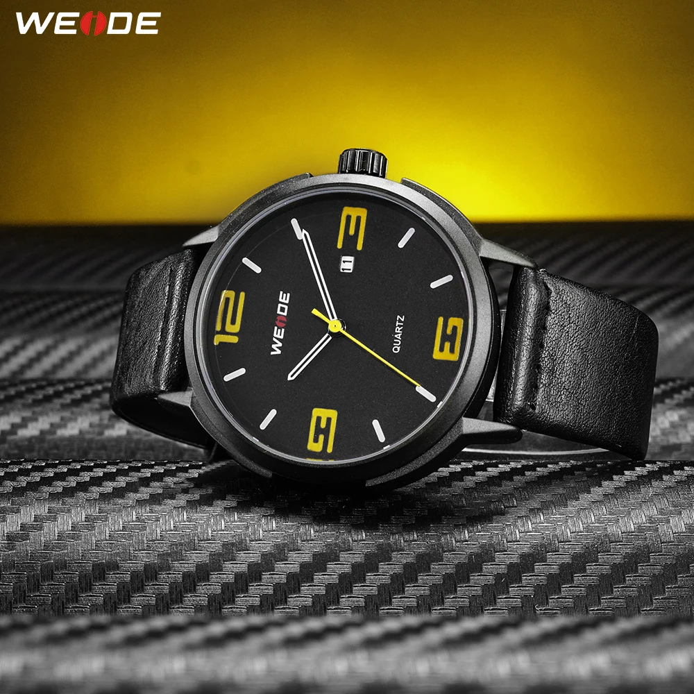 

WEIDE High Quality Brand Fashion Casual Calendar Quartz Analog Auto Date Mens Clock Wristwatches Black PU Leather Strap Hours