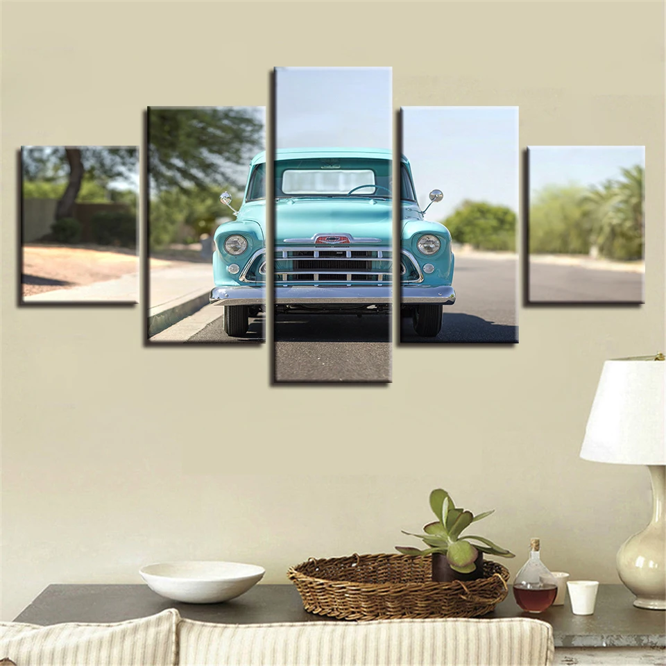 

Framed Home Decoration Modern Print Painting Modular 5 Pieces Mint Green Car Art Canvas Wall HD Pictures For Living Room Poster