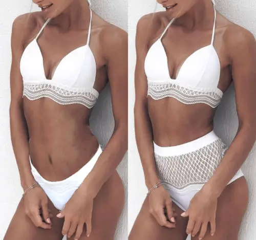 

New 2018 Summer Women Mesh High Waisted Lace Floral Bikini Set Push Up Padded Swimsuit Bathing Suit Swimwear