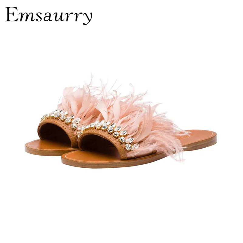 

One-strap Slippers Women New Fashion Open Toe Crystal Feather Fringe Flat Slides Summer Shoes Woman