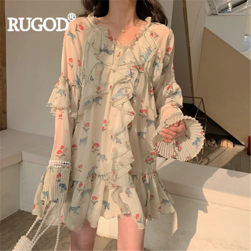 RUGOD элегантное женское платье с v-образным вырезом и оборками, мини-платье с расклешенными рукавами, шифоновое модное женское платье для девочек