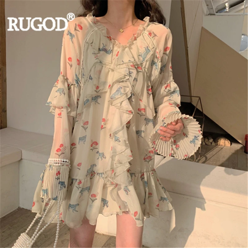 

RUGOD Elegant women dress V-neck Ruffles Flare sleeve Mini dress Chiffon Fashion Female girl dress