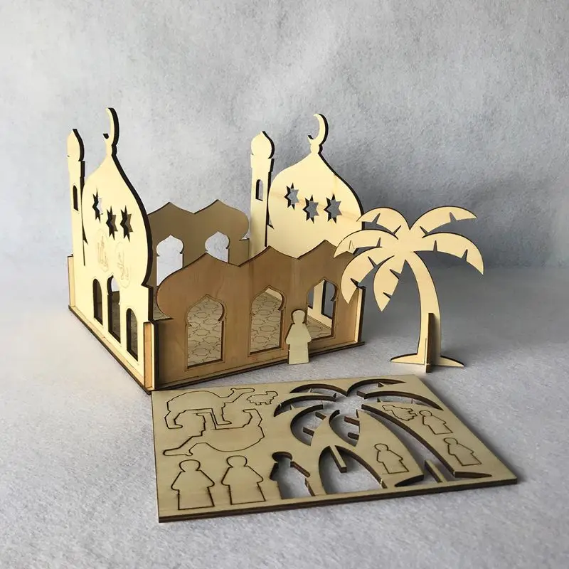 

Wooden Eid Mubarak Ramadan Home Party Ornament Decor Muslim Islamic Palace Puzzle Storage Box Gift DIY