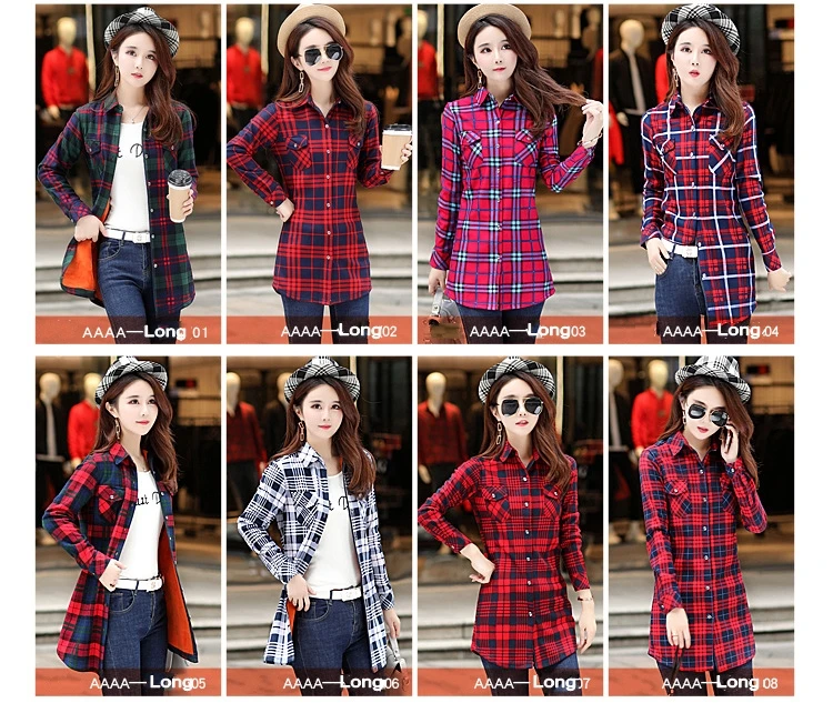 womens shirts Velvet Thick Warm Women's Long Plaid Shirt Female Full Sleeve Tops M-XXXL Winter Check Blouse Blusas Femininas Chemise Autumn off the shoulder shirts & tops