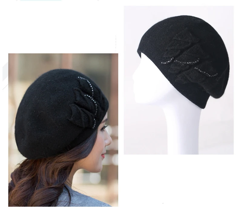 Angora Beanie Women Winter Hat Warm Knit Cap Beret Headwear Double Layer Casual Soft Classic Thermal Snow Outdoor Accessory (14)