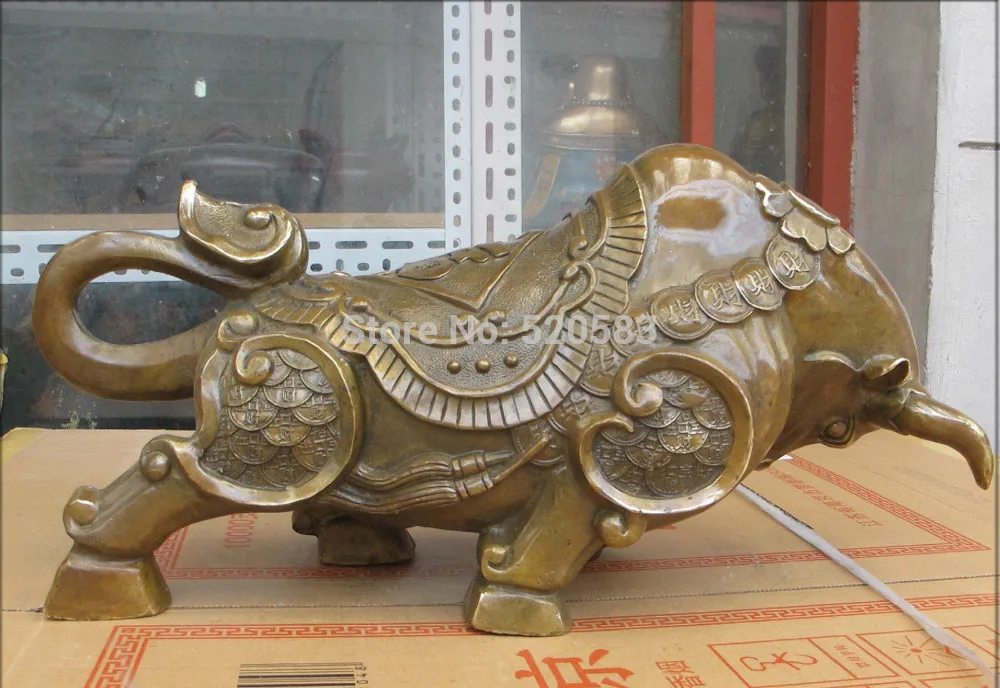 

20"Chinese Pure Bronze hand-carved good luck wealth Bi Coin Bull OX sculpture