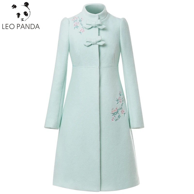 

New Fashion Female Spring Autumn Women Floral Embroidery Mandarin collar Long sleeves Loose Coat High-quality Woolen coat C 489