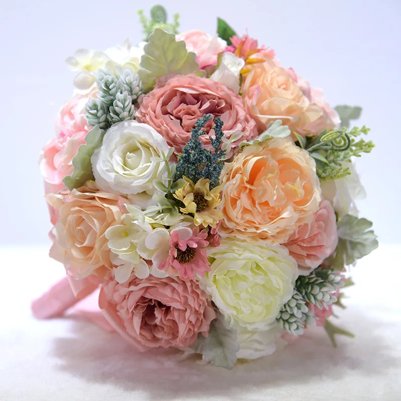 

2019 Beautiful Romantic Wedding Bouquet Hand Made Simulation Rose with Green Leaves Bridesmaid Crystal Bridal Bouquet De Mariage