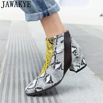 

Gladiator short boots autumn snake skin PU leather round toe patchwork ankle boots for women 2018 middle heel botas mujer