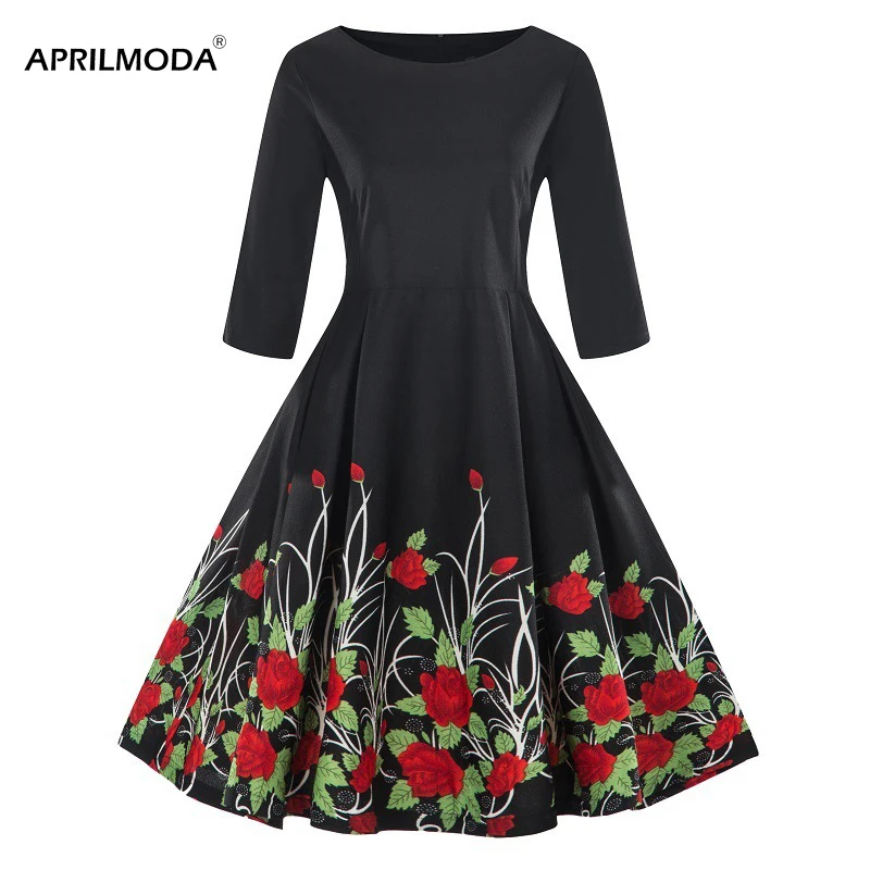 

3/4 Sleeve Vintage Black Big Swing Dress Spring Autumn Women Floral Printed Casual Dress A Line Cotton Retro Rockabilly Sundress
