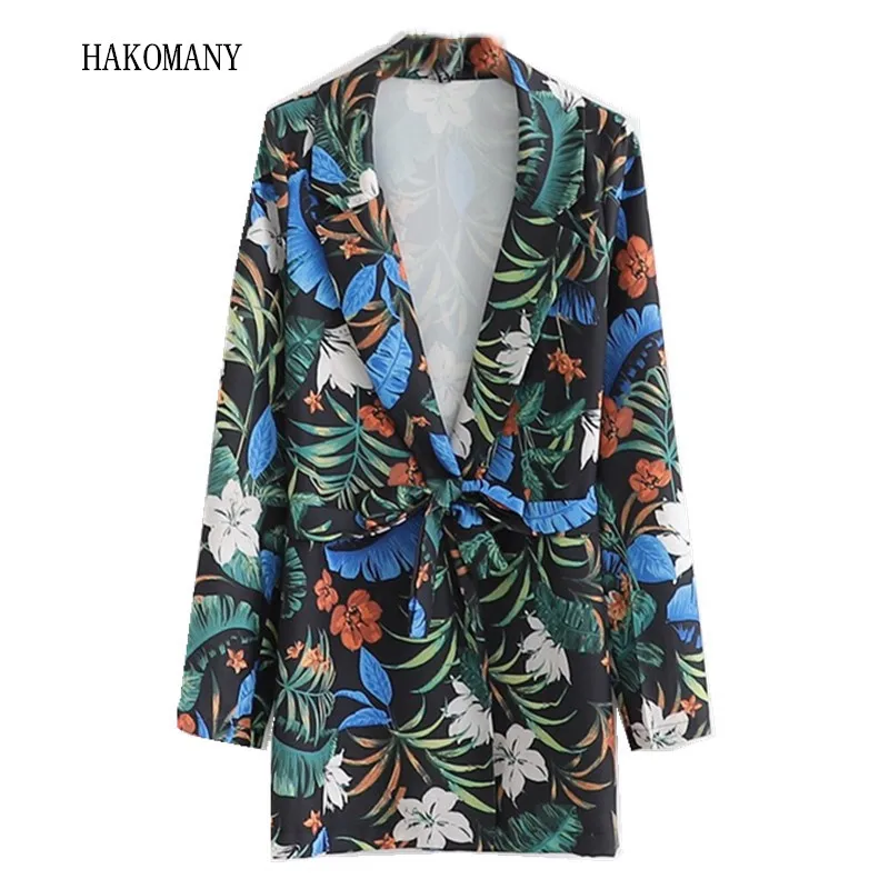 

2019 Woman Notched collar Mid long Suit Jacket Coat Outerwear With Belt Leaves Flower Print Sashes Waist Blazer Retro Casual