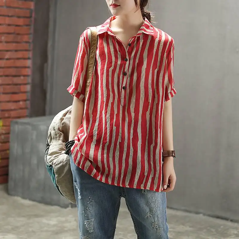 F& je, стиль, летняя женская рубашка размера плюс, короткий рукав, свободная, повседневная, для девушек, топы, в полоску, хлопок, лен, винтажная женская блузка D4 - Цвет: Red