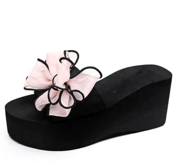 

Summer High-heeled Slippers Butterfly Flowers Women's Beach Shoes Thick-soled Sandals and Slippers Non-slip Shoes Women