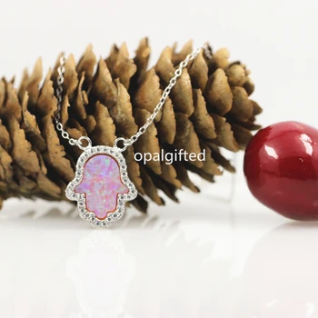 

1pc 5 colors choose 11*13mm Synthetic Hand Hamsa Opal Necklace with CZ Cubic Zirconia Lucky Opal Necklace with S925 Silver