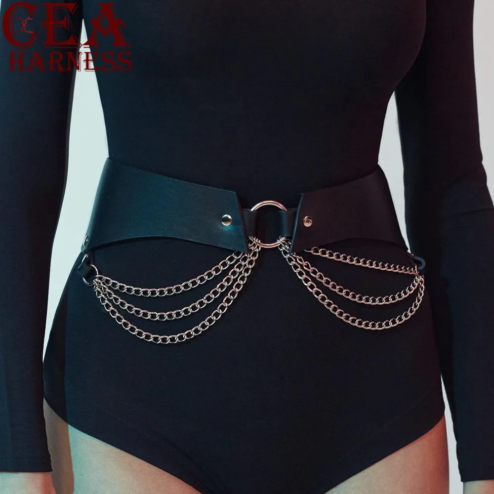 CEA. осваивать новые модные кожаный ремень безопасности с цепочкой пикантные Для женщин Связывание черный Страховочная привязь с ремнем