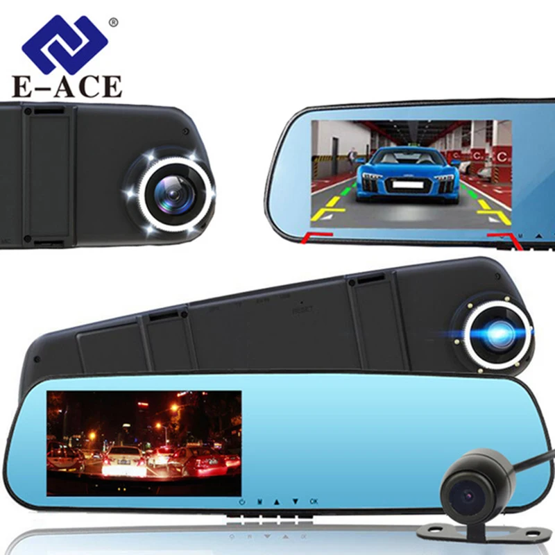 

E-ACE Car Dvr Camera Rearview Mirror Video Recorder Auto Registrator Dvrs Two Camera With Rearview Cameras 6 Led Light Dash Cam