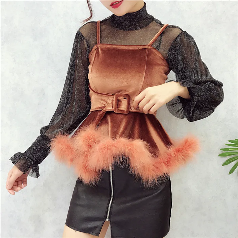 

Amolapha Women Shiner Shirts+Velvet Tanks Tops Perspective Shirt Straps Fluffy Tank Sets for Elegant Woman