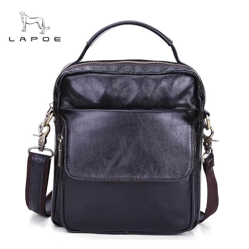 

LAPOE 2018 Real Cowhide Leather Men Handbags Black Male Messenger Bags Men's Small Strap Adjustable Briefcase Man Crossbody Bags