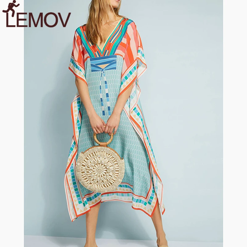 

Beach Dress Vestido De Praia V-Neck Long Beach Dress Bathing Suit Cover Ups Robe De Plage Kaftan Beach Pareo Swim Cover Up