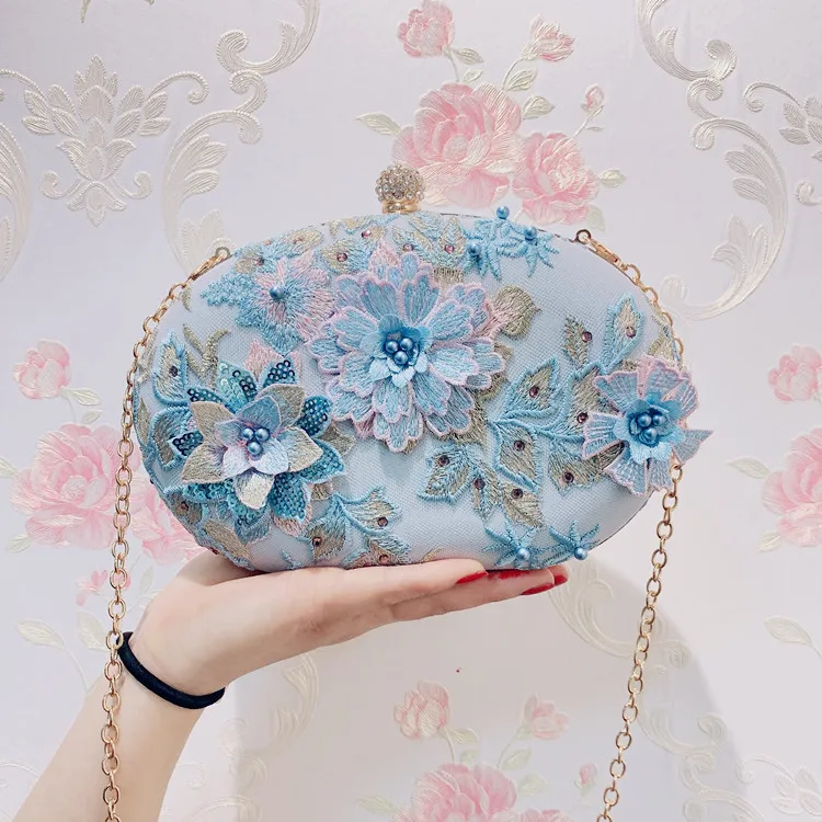 

Blue Flower Embroidery Oval Elegant Ladies Evening Clutch Bag with Chain Shoulder Bag Women's Handbags Purse Wallets for Wedding