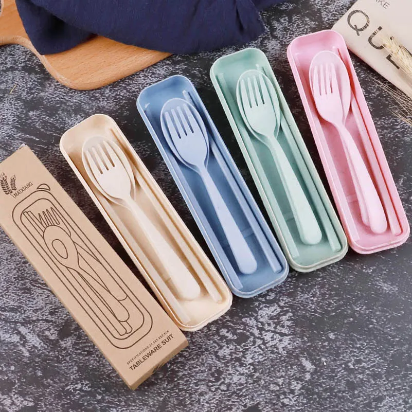 Reusable Cutlery Set Picnic Camping Wheat Straw Flatware Sets Travel