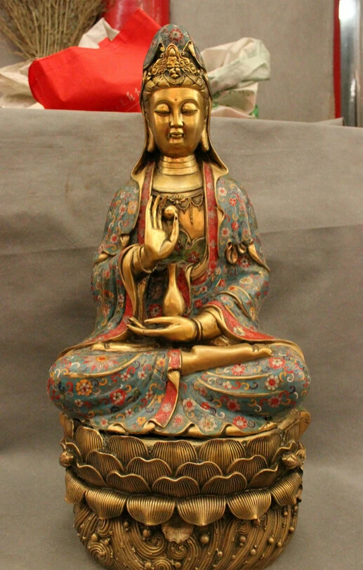 

fast shipping USPS to USA S1793 27" China Cloisonne Enamel Bronze Gilt Pot Lotus Kwan-yin GuanYin Buddha Statue