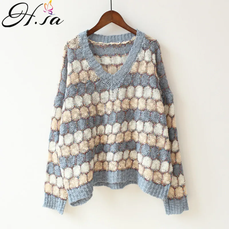 

H.SA Women Hollow Out V neck Sweater and Pullovers Long Sleeve Oversized Dots Streetwear Korean Jumpers Fall Sweater Women Pull