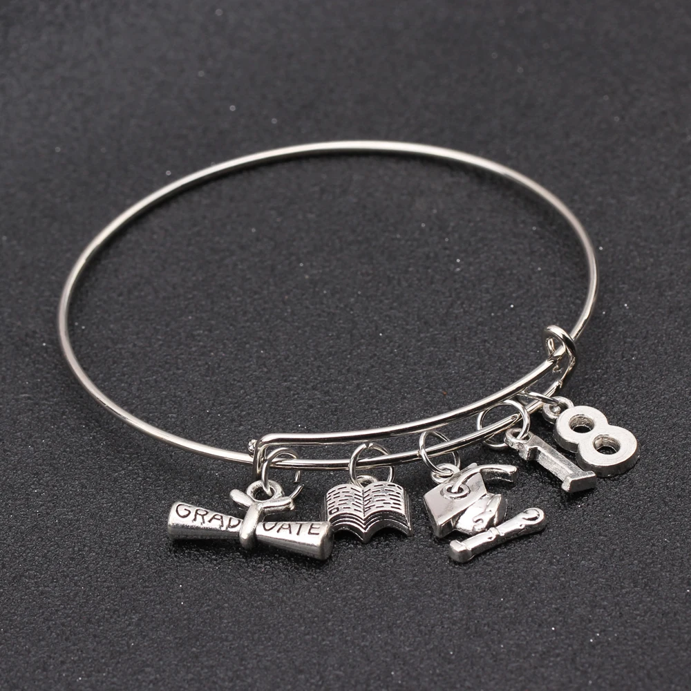 

Graduation Gift Bracelet Number 18-23 Choose Book Reader Charms Graduation Caps Expandable Bangle For Graduation Students Gift