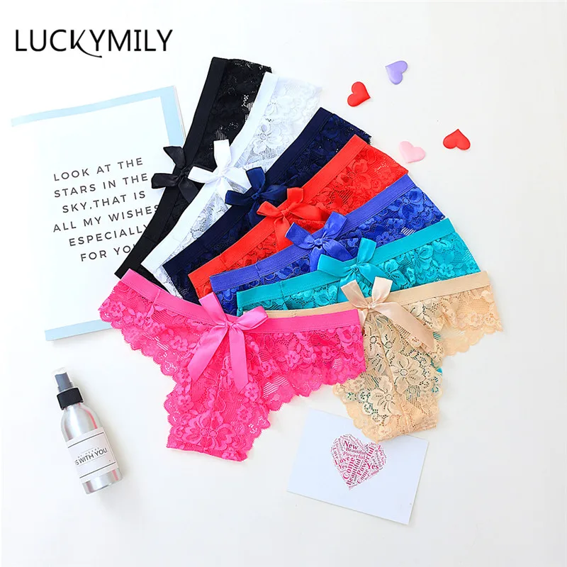Luckymily Sexy Women Bowtie Panties Female Underwear Floral Lace Women Panties Breathable Ladies Low Waist Transparent Briefs