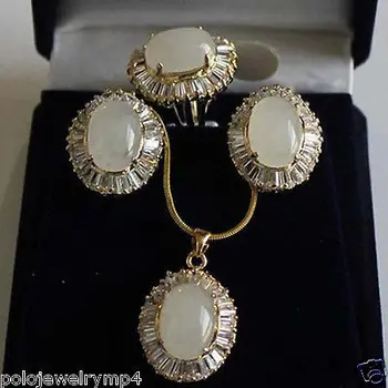 

Hot! Jewelry White Opal Beads Pendant Earring Zircon Ring Set AAA style 100% Natural Noble Fine jewe