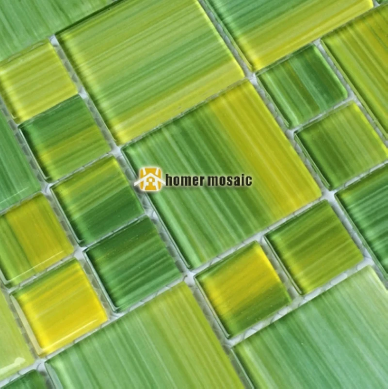 Glossy Fresh Green Mixed Yellow Crystal Glass For Bathroom Shower Tiles Kitchen Backsplash Tiles