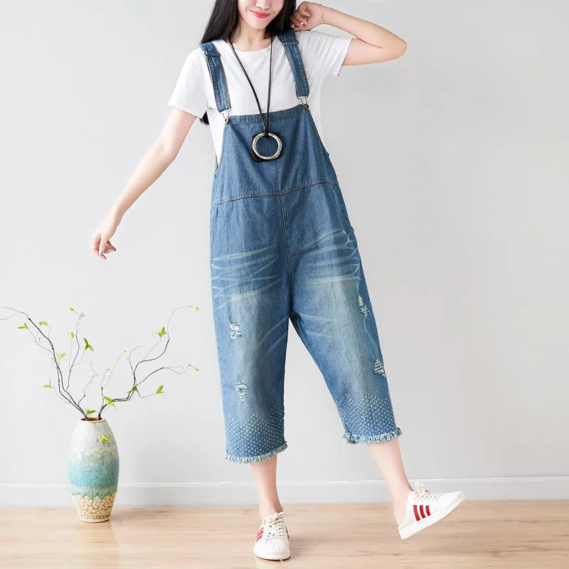 

Women Summer Denim Overalls Pants Ladies Scratched Retro Ripped Jumpsuits Female Calf Length Rompers Denim Trousers 2019 Holes