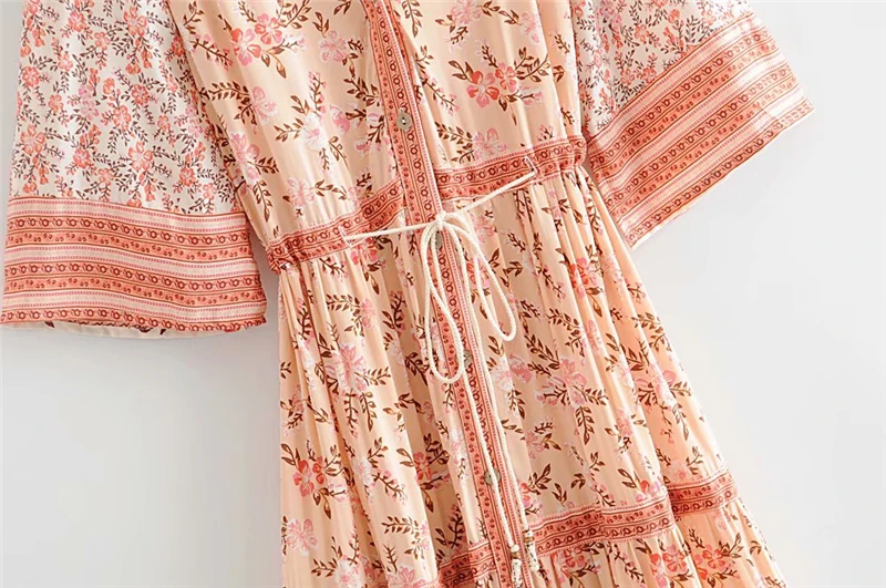Богемное шикарное женское летнее винтажное плиссированное платье с цветочным принтом, женское Пляжное Платье макси с v-образным вырезом на шнуровке, vestidos mujer