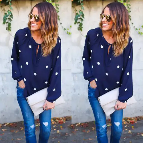 

Summer 2018 New Chiffon Clothes For Women Long-Sleeved O-Neck Polka Dot Blouse Plus-Sized Loose Blue Tops European And American
