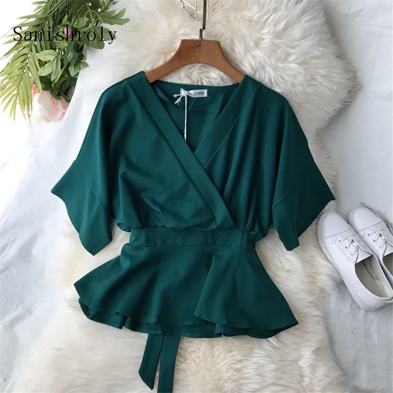 

Sanishroly Summer Women V-Neck White Blouse Solid Casual Tie Bow Chiffon Blouses Female Ruffles Short Sleeve Shirts Tops SE639