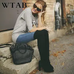 WTAB 2018 новые ботинки осень-зима женщины плюс Размеры острый носок более-сапоги до колена с застёжкой-молнией на высоком каблуке на шнуровке