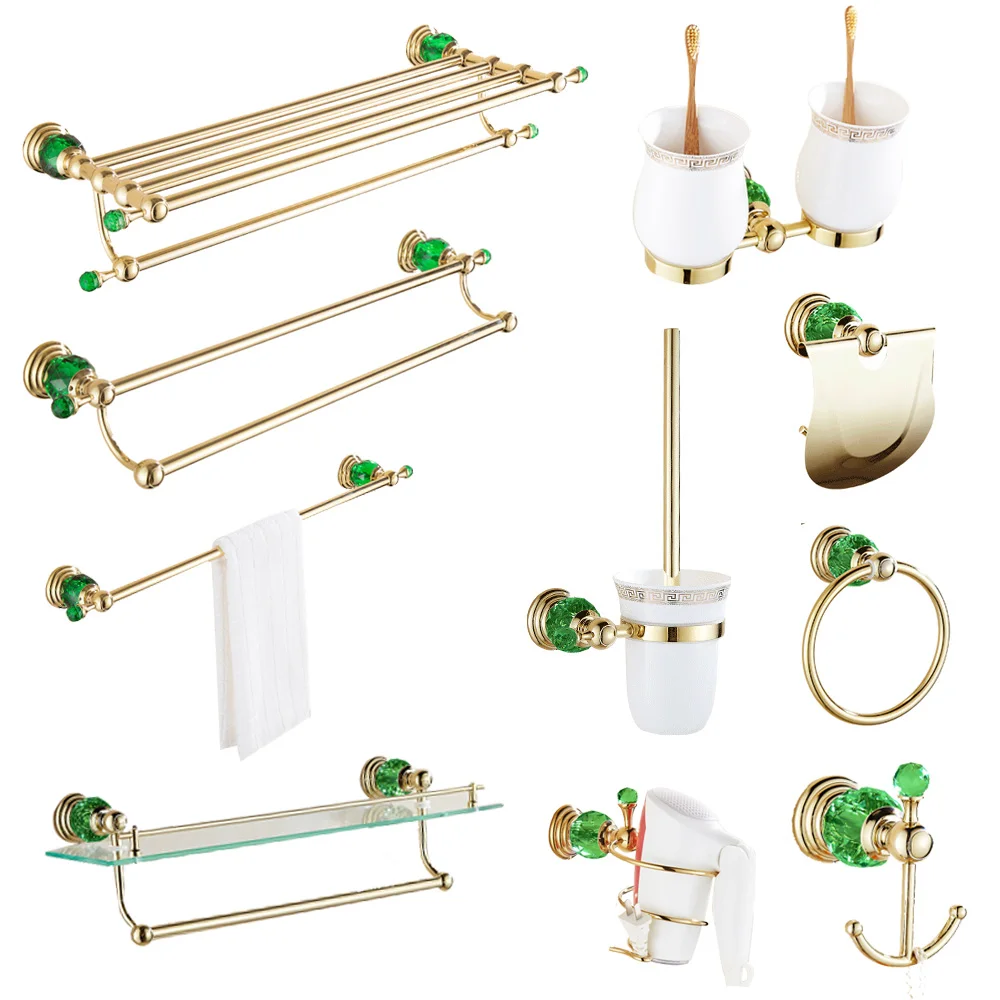 European gold green crystal wall mounted towel bars copper set double