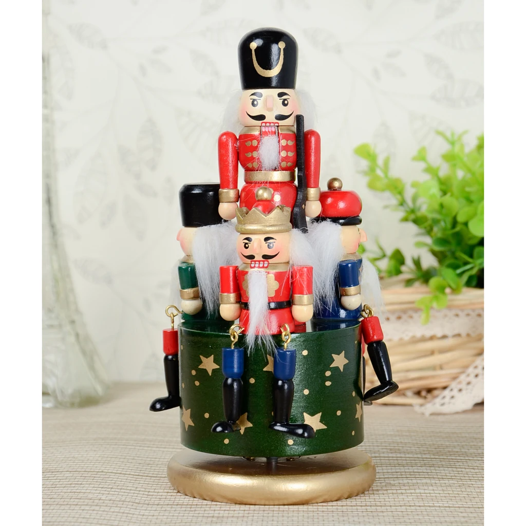  Handmade Wooden Nutcracker Music Box w/ 4 Soldiers on Base for Home Ornament Table Decorations Christmas Decor Display Gift Toy