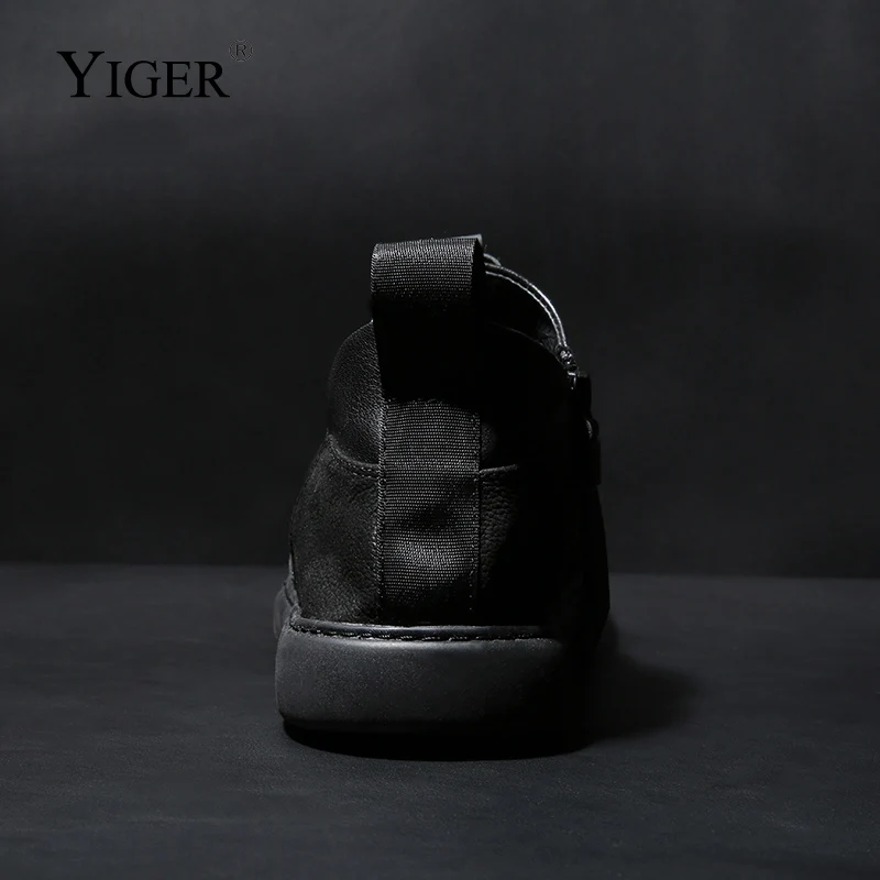 YIGER New Men Ankle Boots Genuine Leather Man Casual boots Cow Leather Winter with fur warm male shoes Black Chelsea Boots 0199