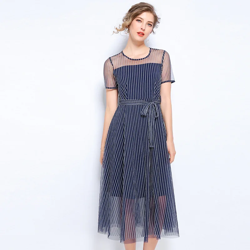 

European Women short Sleeve fake two pc Dress summer large size waist sashes stripe long dress faux two longos vestidos XXXXXL