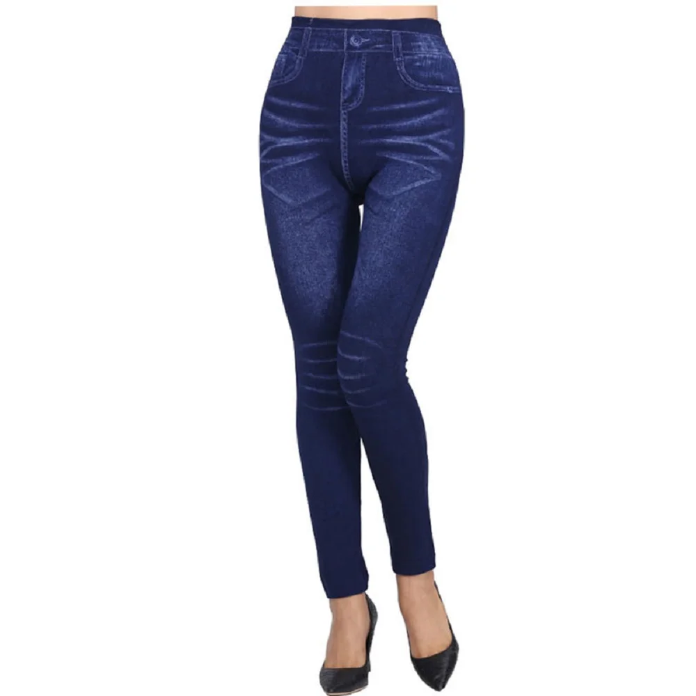 Fashion Slim Women Leggings Faux Denim Jeans Leggings Sexy Hole Heart Printing Casual Women Clothing Pencil Pants Plus size - Цвет: blue