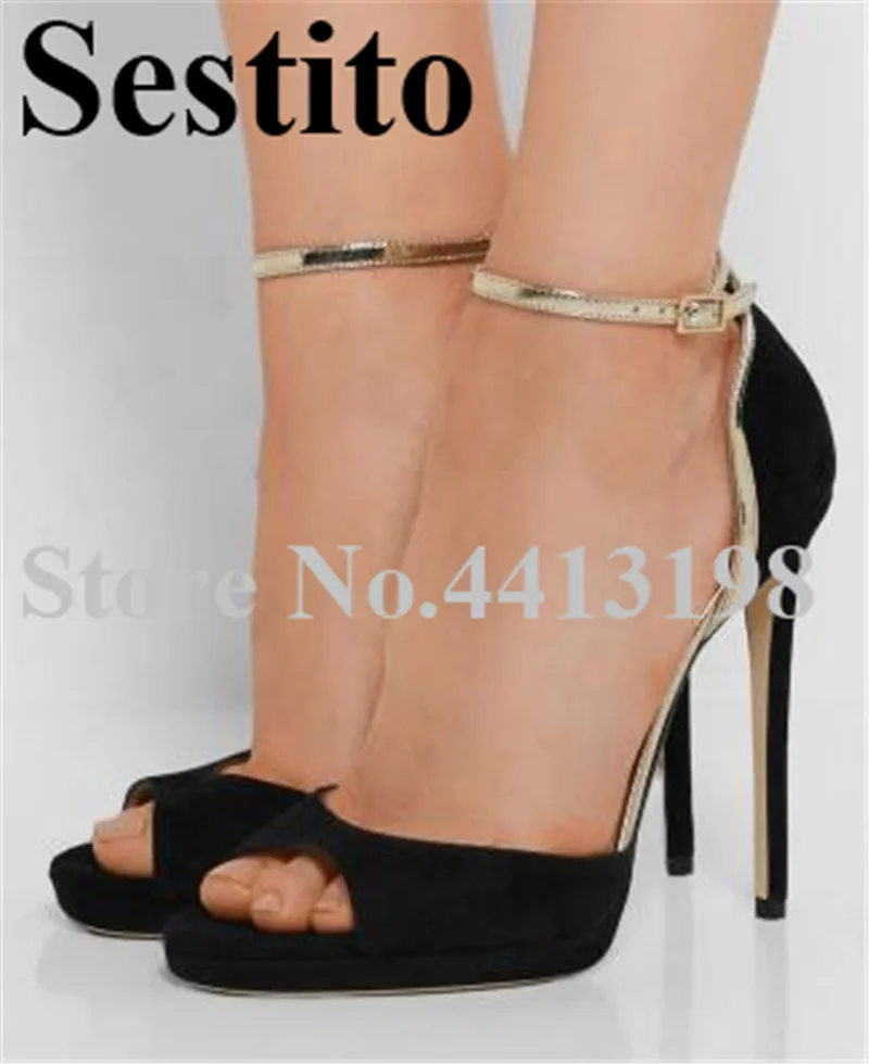 

2019 European Newest Fashion Black Peep Toe Sandals Stiletto Heels Platform Sandals Ankle Buckle Strap Cover Heel Women Shoes